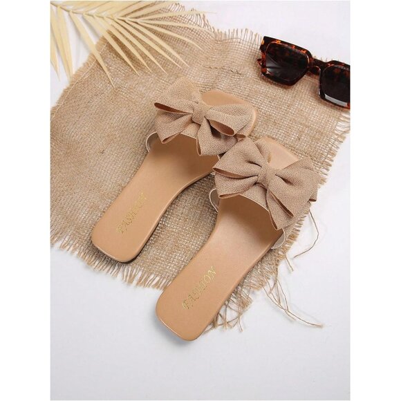 Women's Bow Tan Square Toe Flat Summer Sandals Slides Slip On Shoes - Picture 3 of 7
